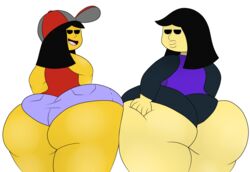 2girls ass black_eyes black_hair black_shorts black_sleeves cap clothed clothed_female female female_only grey_cap grey_hat grey_shorts hand_on_ass huge_ass long_sleeves looking_at_viewer looking_back medium_hair multicolored_hat open_mouth pale_skin purple_shirt red_cap red_hat red_shirt red_tank_top roblox roblox_avatar robloxian shirt short_hair shorts simple_background sleeveless sleeves squish standing striped_cap tan_skin terebision thick_ass thick_thighs thighs tongue white_background yellow_skin