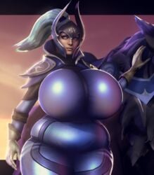 1girls 3d alternate_body_type alternate_breast_size armor chubby_female dota dota_2 fat female female_only helmet huge_breasts luna_(dota) plump ponytail raikovjaba solo thick_thighs tight_clothing