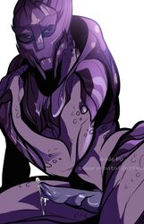 alien bodily_fluids bodypaint face_paint genitals hi_res humanoid male male_only mass_effect penis precum_drip purple_body simple_background solo squarerootofdestiny turian video_games watermark white_background