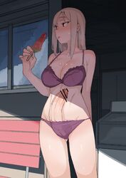 1futa bar_censor big_breasts big_penis blush bra breasts censored cleavage closed_mouth collarbone erection food futa_only futa_sans_balls futanari highres human human_only large_breasts looking_to_the_side momo_no_suidou-sui original original_character pale_skin panties penis popsicle purple_bra purple_panties red_eyes shadow solo sunlight sweat tongue tongue_out underwear underwear_only watermelon_bar white_hair