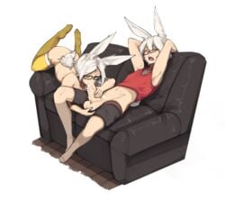 1boy absurdres animal_ears big_balls big_penis black_clothing blowjob blush bottomwear brother_and_sister bunny_ears couch couch_sex erection eyewear fellatio female femboy femboy_on_female final_fantasy final_fantasy_xiv frenum_piercing garter_belt garter_straps genitals girly glasses gloves handwear highres huge_cock humanoid humanoid_genitalia humanoid_penis incest inner_ear_fluff long_ears looking_at_viewer looking_back male mammal mammal_humanoid midriff navel nipples oral oral_sex panties penis pose pubic_hair pussy red_eyes shorts shorts_down shoulder_guards shuuko simple_background slim small_but_hung stockings straight taiyo_akari testicles thighhighs tied_up trap tsuki_akari tuft underwear undressing viera white_hair