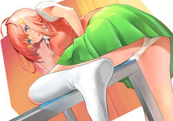 :o blue_eyes breasts clothed_masturbation clothing dutch_angle female go-toubun_no_hanayome green_skirt hair_ornament long_hair looking_at_viewer masturbation masturbation_through_clothing nakano_itsuki no_shoes panties pleated_skirt red_hair shiratama_(monster1553) shirt skirt socks soles solo star_(symbol) star_hair_ornament sweater_vest table_humping tama_(monster1553) underwear upskirt white_legwear white_shirt