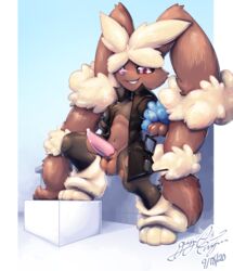 anthro balls big_penis bodily_fluids bottomless clothed clothing cum cum_drip cum_on_penis dripping fur furry furry_only genital_fluids genitals gingy_k_fox lopunny male male_lopunny male_only male_pokemon mega_evolution mega_lopunny nintendo outside penis pokémon_(species) pokemon pokemon_(species) precum presenting shirt smile smirk smug solo tapering_penis topwear video_games