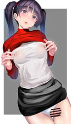 1futa bar_censor black_hair black_skirt breasts censored covered_nipples cowboy_shot dutch_angle erect_nipples erection erection_under_clothes erection_under_skirt futa_only futa_sans_balls futanari grey_background head_tilt highres horny lips medium_breasts medium_hair nipple_bulge nipple_tweak nipples original panties panties_aside parted_lips penis penis_out penis_under_clothes penis_under_skirt red_shirt shiratama_(monster1553) shirt skirt skirt_lift skirt_up solo_futa tama_(monster1553) twintails underwear white_background white_shirt yellow_eyes