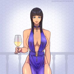 1:1 1girls artist_name bangs bare_shoulders big_breasts black_hair blue_eyes breasts cleavage clothing cocopeace collar collarbone curvy dress drink eyelashes female female_focus female_only fringe glass hips holding holding_object human large_breasts lips looking_at_viewer medium_hair nico_robin one_piece parted_lips pre-timeskip purple_dress railing revealing_clothes seductive shiny_skin sideboob skimpy smile solo solo_female tan_skin thighs voluptuous watermark wide_hips wine wine_glass