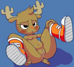 anthro antlers anus ass better_version_at_source big_butt blue_background blush bodily_fluids breasts brown_body brown_fur cartoon_network cervid clothing female footwear footwear_only four-pundo fur genital_fluids genitals half-closed_eyes hand_on_butt hand_on_leg horn lying mammal mostly_nude narrowed_eyes nipples nude open_mouth orange_nose penny_fitzgerald presenting presenting_hindquarters presenting_pussy pussy pussy_juice seductive seductive_eyes shoes shoes_only simple_background small_breasts solo spread_legs spreading sweat the_amazing_world_of_gumball thick_thighs tongue wide_hips