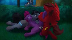 blush bodily_fluids crimsonwolf360 cum cum_inside equid equine fan_character female friendship_is_magic genital_fluids group group_sex hi_res horse male mammal my_little_pony my_little_pony:_the_movie_(2017) night plant pony public semi-anthro sex shrub straight tempest_shadow_(mlp) threesome