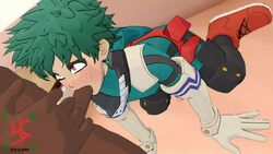 2boys 3d all_fours androgynous animated bed big_penis blowjob blush clothed_male_nude_male clothing dark-skinned_male dark_skin deku eyeliner fellatio femboy freckles gay girly green_eyes heart-shaped_pupils hero_outfit_(mha) interracial izuku_midoriya jewelry makeup my_hero_academia nail_polish penis sfmslayer shoes short_hair sound source_filmmaker video yaoi