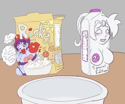 2girls blush bowl breakfast cardboard_box cereal english_text female female_only food implied_transformation inanimate inanimate_transformation mascot milk milk_bottle milk_carton multiple_girls objectification png purple_skin risky_boots shantae shantae_(character) smooth_skin tagme text thetransformtentacle thick_lips transformation what