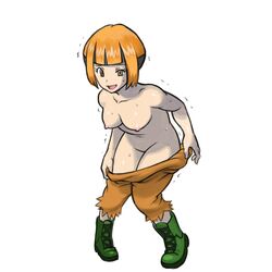 boots bule eyelashes female gardenia_(pokemon) large_breasts no_panties open_mouth orange_hair pokemon pokemon_dppt short_hair solo sweat topless trembling undressing white_background