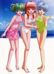 3girls barefoot bikini blue_eyes blue_hair cleavage fingernails fujisaki_shiori green_eyes green_hair green_one-piece_swimsuit green_swimsuit hair_bobbles hairband hips legs navel nijino_saki one-piece_swimsuit pink_bikini pink_sarong plaid plaid_bikini_top red_eyes red_hair sarong smile swimsuit tatebayashi_miharu tokimeki_memorial tokimeki_memorial_1 white_bikini white_hairband