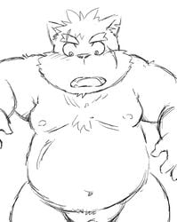 2018 anthro barely_visible_genitalia barely_visible_penis belly canid canine canis dekatanu domestic_dog genitals kemono male male_only mammal monochrome moobs moritaka nipples overweight overweight_anthro overweight_male penis scar simple_background solo tokyo_afterschool_summoners video_games white_background