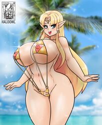 1girls a_link_between_worlds artist_logo artist_name ass barefoot beach blonde_hair blush breasts busty child_bearing_hips curvaceous curvy earrings exhibitionism female female_only haloowl huge_ass huge_breasts hylian ineffective_clothing jewelry long_hair looking_at_viewer micro_bikini nintendo nipples palm_tree pointy_ears princess_zelda provocative pussy seductive seductive_smile sling_bikini smile solo solo_female the_legend_of_zelda thick_thighs tiara triforce triforce_bikini triforce_earrings voluptuous water wide_hips zelda_(a_link_between_worlds)