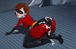 all_fours ass big_ass brown_eyes brown_hair cum disney domino_mask elastigirl female female_focus female_only helen_parr looking_at_viewer looking_back pixar short_hair smooth_skin stickymon the_incredibles