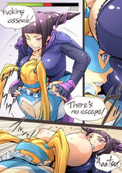 ! 2girls angry areolae assisted_exposure bangs bear_hug bearhug black_hair blonde_hair blue_eyes blunt_bangs bodysuit breasts breasts_out capcom catfight character_name cleavage clenched_teeth comic dialogue domination drill_hair duo english_text female female_only femdom femsub fighting fingerless_gloves gameplay_mechanics gloves head_between_breasts health_bar huge_breasts human insult jelly_shrimp juri_han large_breasts lifting long_hair long_twintails mask multiple_girls nipples no_bra one_eye_closed pink_eyes profanity puffy_nipples rainbow_mika sidelocks smothering speech_bubble street_fighter street_fighter_v sweat text twin_drills twintails very_long_hair wince wrestling yuri