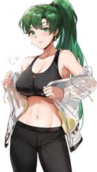 1girls absurdres bangs bare_shoulders black_pants black_sports_bra blush breasts cleavage collarbone earrings female fire_emblem fire_emblem:_the_blazing_blade green_eyes green_hair high_ponytail highres jacket jewelry large_breasts long_hair long_sleeves looking_at_viewer lyn_(fire_emblem) lyndis_(fire_emblem) navel nintendo off_shoulder open_clothes open_jacket ormille pants ponytail simple_background smile sports_bra thighs white_background white_jacket