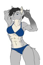 anthro bikini black_hair blue_eyes breasts canid canine canis clothed clothing female fluffy fluffy_tail fur hair hi_res kyla mammal multicolored_body multicolored_fur muscular muscular_anthro muscular_female nipple_outline partially_clothed saruuk simple_background smile solo swimwear white_background wolf