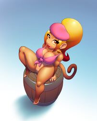 anthro barrel big_breasts blonde_hair breasts brown_body brown_fur cleavage clothed clothing cosplay dixie_kong donkey_kong_(series) eyelashes female fur genitals hair haplorhine hat headgear headwear hi_res lipstick long_hair looking_at_viewer makeup mammal monkey nintendo nitro partially_clothed ponytail primate pussy shortstack sitting solo sonyu_tainkong thick_thighs video_games