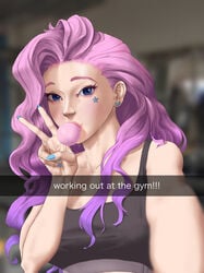 blue_eyes blue_nails facial_tattoo league_of_legends lips lipstick nail_polish pink_hair selfie seraphine_(league_of_legends) snapchat sports_bra wjs07