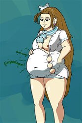 1girls breasts brown_hair bursting_clothes cammy_meele chubby cleavage digestion_noises dranthule female gyakuten_saiban hat long_hair nipples no_bra obese scarf solo solo_female tagme thick_thighs