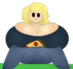 1girls artist_name black_eyes blonde_hair blue_clothing blue_jeans blue_pants blue_shirt breasts cleavage clothed clothed_female female_only frown jeans large_breasts medium_hair noodle_hair pale-skinned_female pale_skin pants pizza roblox roblox_avatar simple_background sitting solo solo_female terebision twitter_username watermark white_background