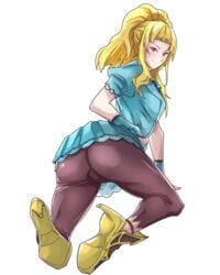 1girls ass big_ass blonde_hair brown_eyes clair_(fire_emblem) fire_emblem fire_emblem_echoes:_shadows_of_valentia fire_emblem_gaiden gloves heels kneeling liosan looking_at_viewer looking_back pantyhose ponytail seductive seductive_smile skirt smile smirk solo_female upskirt white_background