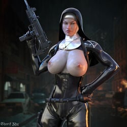 1girls 3d action_pose areolae beauty_mark big_breasts blue_eyes bodysuit breasts breasts_out busty casual christian_cross clothed_with_breasts_out cross_necklace female female_focus female_only firearm fit fit_female gloves gun handgun hitman hitman_absolution hourglass_figure human large_breasts latex latex_gloves latex_nun light-skinned_female light_skin necklace nipples nordfantasy nun nun's_habit nun_outfit pose posing public shiny_skin showing_breasts solo standing sweat tagme the_saints_(hitman_absolution) thigh_holster uzi warrior_nun weapon wide_hips