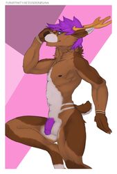 1boy anthro antlers cervid cervine genitals hair horn k0suna male male/male male_only mammal muscular nude penis pinup pose purple_hair solo stoobs