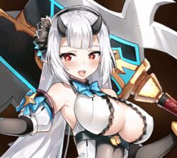 animated animated bouncing_breasts cleavage dragon_girl epic7 female horns large_breasts long_hair looking_at_viewer monster_girl white_hair yufine_(epic7)