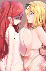 2girls alternate_costume asymmetrical_docking b-11_night_angel b-11_night_angel_(night_angel's_racing_swimsuit) blonde_hair blue_eyes breast_envy breast_size_difference breast_squish breast_to_breast charlotte_(jewelry_bikini)_(last_origin) charlotte_(last_origin) depressed flat_chest gomeifuku huge_breasts last_origin light-skinned_female light_skin multiple_girls official_alternate_costume red_hair redhead sunglasses sunglasses_on_head yuri