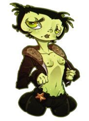 1girls anthro black_hair breasts breasts_out chrys_liszt exposed_breasts female female_only flashing flashing_breasts green_body green_eyes green_skin insect_girl insecticide_(game) jacket multi_leg multi_limb nipples open_jacket short_hair small_breasts