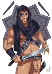 1boy arabic_zodiac eyepatch half-erect machete machete_(zodiac) male_only muscles muscular muscular_male suzumeyaoi uncut veiny_penis zodiac