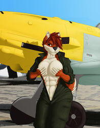 anthro breasts brown_body brown_eyes brown_fur brown_hair canid canine canis clothed clothing covering covering_breasts detailed_background female fluffy fluffy_tail fur hair hi_res mammal messerschmitt multicolored_body multicolored_fur muscular muscular_anthro muscular_female open_mouth open_smile saruuk smile solo two_tone_body two_tone_fur white_body white_fur wolf