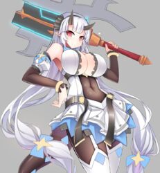 cleavage dragon_girl epic7 female horns large_breasts long_hair looking_down monster_girl ninacci pigat red_eyes smiling underboob video_game weapon white_hair yufine_(epic7)