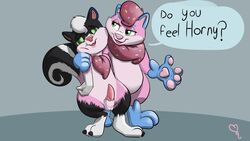 16:9 ambiguous_gender anthro felid feline fur hypnosis kastmi male male/ambiguous mammal mephitid mind_control pawpads pink_body pink_fur plushification skunk transformation widescreen