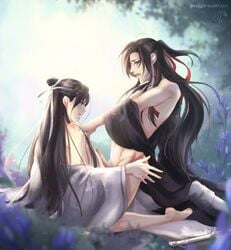 bare_chest bishonen canon_couple commoror eye_contact gay implied_anal lan_wangji long_hair long_hair_male male_only mo_dao_zu_shi outdoor_sex outdoors partially_clothed penis wei_wuxian yaoi