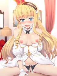 azur_lane blonde_hair blue_eyes blurry blurry_background blush breasts censored commentary_request cowgirl_position crotchless crotchless_panties female gloves highres long_hair looking_at_viewer open_mouth panties pussy_juice queen_elizabeth_(azur_lane) sex shin'yashiki small_breasts solo straddling underwear