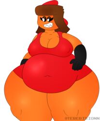 brown_hair clayrabella dress eyelashes fat gloves hand_on_hip nipples_visible_through_clothing orange_skin sharp_teeth terebision thick_thighs