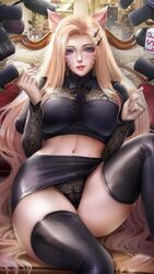 1girls ahri animal_ears black_legwear black_panties blonde_hair blue_eyes blush female fox_ears k/da_all_out_ahri k/da_all_out_series k/da_series kpop lace-trimmed_panties league_of_legends light-skinned_female light_skin looking_at_viewer microphone midriff miniskirt panties parted_lips riot_games the_baddest_ahri thighhighs upskirt windwalker_(kaze_no_gyouja)