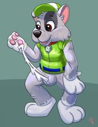 anthro belt blue_belt bodily_fluids canid canine canis clothing collar cum dog_tags domestic_dog fur genital_fluids green_clothing green_topwear green_vest grey_body grey_fur hi_res kastmi male male_only mammal paw_patrol pawpads plushification plushsuit rocky_(paw_patrol) solo topwear what