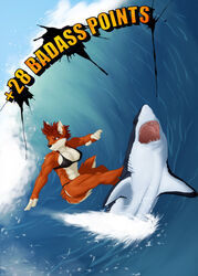 anthro black_body breasts brown_body brown_eyes brown_fur canid canine canis clothed clothing detailed_background duo female feral fish fluffy fluffy_tail fur hi_res male mammal marine multicolored_body multicolored_fur muscular muscular_anthro muscular_female open_mouth partially_clothed saruuk shark teeth text two_tone_body two_tone_fur video_games white_body white_fur wolf