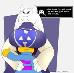 animal anthro breast breasts frisk goat goat_horns holding size_difference terebision text thumbs_up toriel under_boob undertale