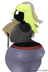 anthro ass ass_cleavage bag black_skin blonde_hair bomb butt_crack female fuse gunpowder hoodie jacket jeans terebision underwear