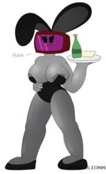 anthro areolae barely_contained bottle bunny_ears bunnysuit fishnet_stockings platter robot_girl small_clothes spanish_text terebi terebision tv_head