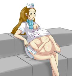 big_belly big_breasts brown_eyes brown_hair cammy_meele cleavage clothing female gyakuten_saiban hat long_hair nac no_bra ribbon scarf sitting stomach_bulge tagme unknown_character vore white_background