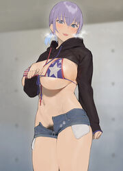 big_breasts black_pubic_hair blue_eyes blush female female_only hoodie iku_(ikuchan_kaoru) ikuchan_kaoru_(character) indie_virtual_youtuber legs_together looking_at_viewer open_shorts pubic_hair_peek purple_hair short_ponytail shorts side-tie_bikini solo solo_female steamy_breath thick_thighs virtual_youtuber