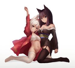 animal_ears bandages bottomless cleavage final_fantasy final_fantasy_xiv garter_straps japanese_clothes kneeling no_bra nopan open_shirt pussy rodriguez_(kamwing) sarashi skirt_lift stockings thighhighs uncensored underboob wraps