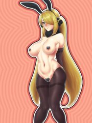 1girls bgbdm big_breasts black_heart_pasties black_pasties blonde blonde_hair bunny_ears bunny_girl bunnysuit covered_nipples cynthia_(pokemon) grey_eyes heart_pasties large_breasts long_hair nintendo pale-skinned_female pale_skin panties pokemon pokemon_dppt reverse_bunnysuit solo solo_female standing thick_thighs thighs twintails very_long_hair