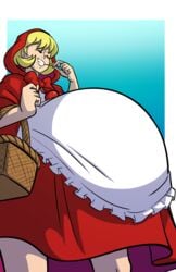 axel-rosered baby_bonnie_hood basket big_belly blonde_hair capcom closed_eyes clothing darkstalkers dress hood red_hood simple_background smiling stuffing tagme toothpick