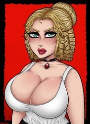 1girls angry background beauty_mark big_breasts blonde_hair breasts bust busty cleavage clothed clothing cowboy cowgirl dialogue eyelashes eyes fanart female female_focus female_only gatorchan green_eyes huge_breasts karen_jones large_breasts light-skinned_female light_skin lips lipstick looking_at_viewer mature mature_female mature_woman mole mole_above_mouth outlaw red_background red_dead_redemption_(series) red_dead_redemption_2 red_lips red_lipstick rockstar_games speech_bubble watermark